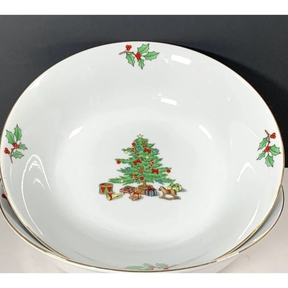 Christmas Serving Bowl Holly Tree Presents Meiwa Home for Holidays 9.25"x2.5" #1